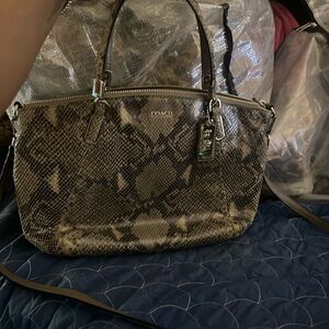 Coach Snake Print Satchel Bag - Black and Tan
